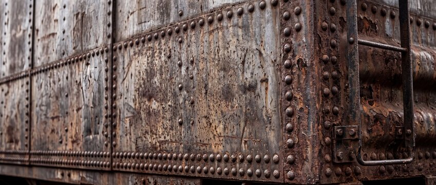 Weathered steel surface of old train wagon with heavy rust and rows of rivets captures rugged texture of industrial decay