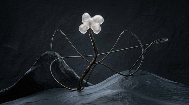 A glowing white flower made of light bulbs growing from a dark rocky landscape under a starry night sky background