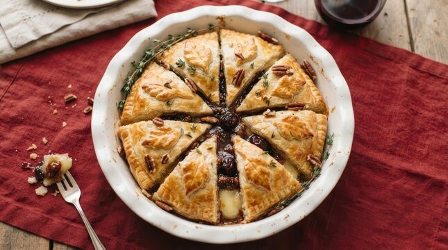 Delicious quiche lorraine with flaky crust served on a rustic red linen tablecloth