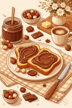 A delicious breakfast scene featuring toasted bread slices with chocolate hazelnut spread served with coffee and fresh berries on table