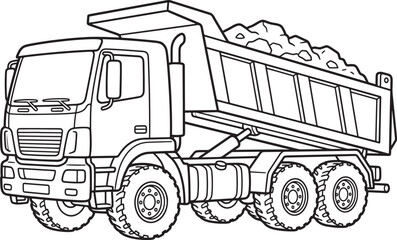 A detailed black and white line of a heavy-duty dump truck loaded with rocks, featuring a large cargo bed, rugged tires, and a side view profile, isolated on a white also transparent background © BeCoolOk