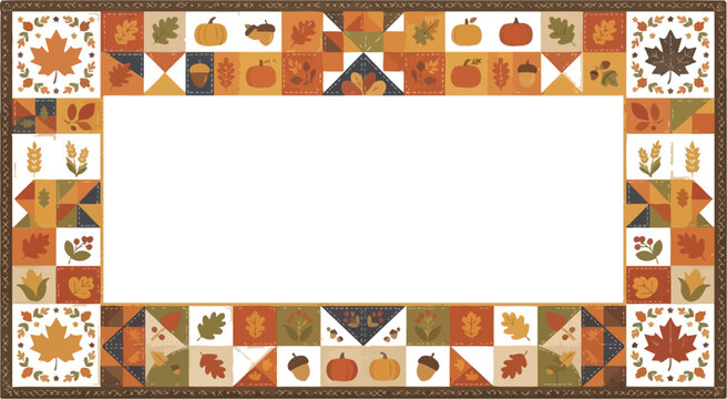 Patchwork quilt style rectangular border with autumn motifs including leaves pumpkins and acorns autumn pattern fall motifs pumpkin square acorn pattern maple leaves