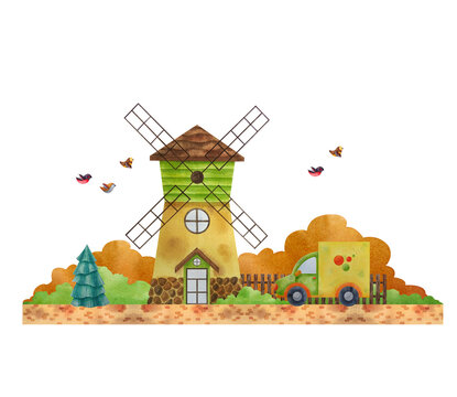 Tiny windmill, truck, road, trees, fence, birds. Watercolor illustration in children's, cartoon style on white background. Print for children's dishes, toys, clothes, poster, book, games, wall sticker