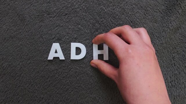 The word adhd written on a dark background with white uppercase block letters (fast version)