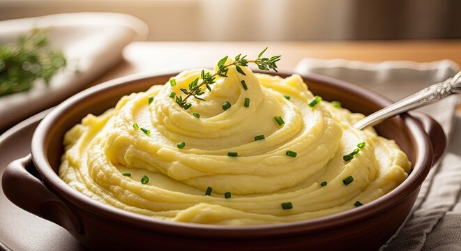 Creamy mashed potatoes with fresh chives in ceramic bowl.