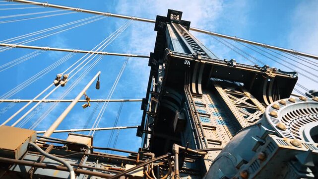 Manhattan Bridge tower and suspension cables from below. Riveted steel beams rise through a network of cables against a bright blue sky.
