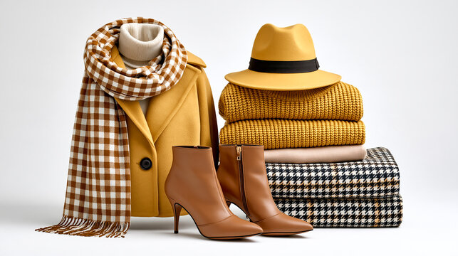 Stylish women's autumn clothes coat, boots, scarf, sweater on white background