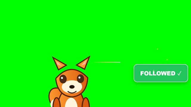 Cute Fox Mascot Follow Button Social Media CTA Overlay Animation Green Screen