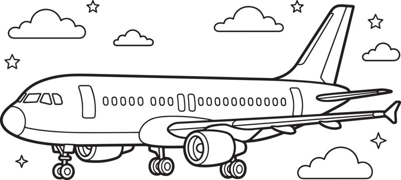 A black and white line of a passenger airplane flying through the sky with clouds and stars in the background, designed as a simple coloring page for children to enjoy also transparent background