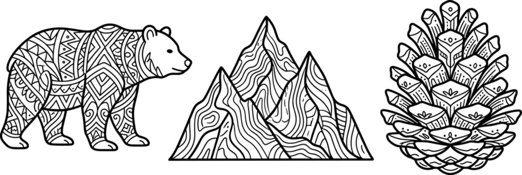 Set of hand drawn tribal bear, mountain and pine cone