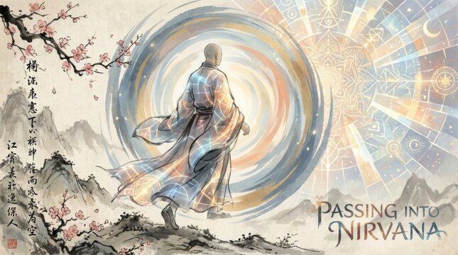Spiritual monk transcendence: passing into Nirvana, parinirvana transition, sacred portal, cosmic vortex, blossom mountain, radiant mandala, ethereal realm, divine awakening, eternal release.