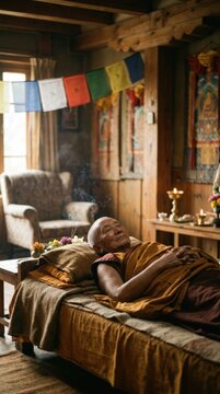 Elderly monk transition: pass nirvana, spiritual parinirvana, peaceful death, serene slumber, sacred departure, holy ritual, eternal liberation, quiet room.