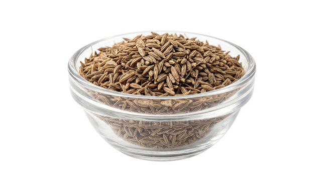 Brown cumin seeds piled high inside a small clear glass bowl featuring natural textures and vibrant earthy colors captured in bright studio lighting on transparent background
