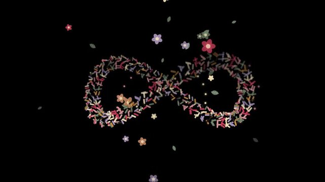 Colorful Infinity Symbol Made of Confetti and Flowers with Floating Leaves on Black Background