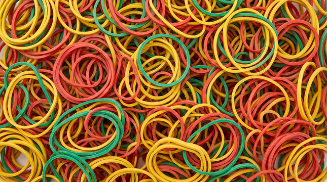 Overhead view of a messy pile of colorful red, yellow, and green rubber bands filling the entire frame, abstract elastic office supplies texture background