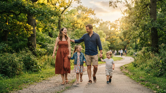 Happy family of four walking together on a gravel path through a sunlit forest, mother in a brown dress and father in a blue shirt with children