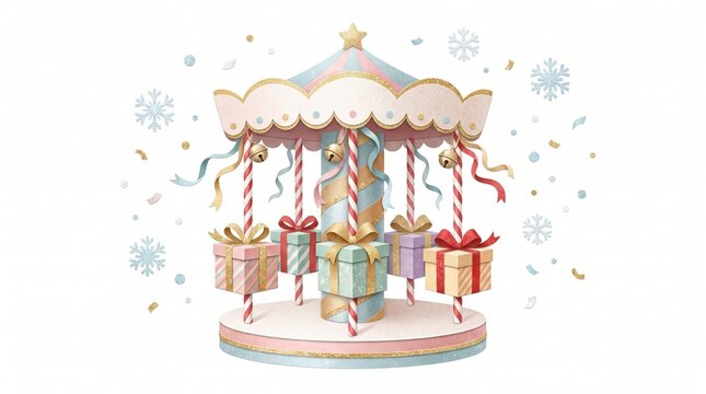 Pastel Christmas carousel with gift boxes, festive holiday merry-go-round illustration, winter carnival amusement ride with snowflakes