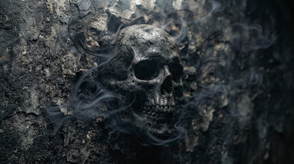 Fototapeta premium Calavera negra hiperrealista sobre textura grunge, rodeada de sombras, humo y energía mística, con una atmósfera oscura, sobrenatural y terrorífica de Halloween.