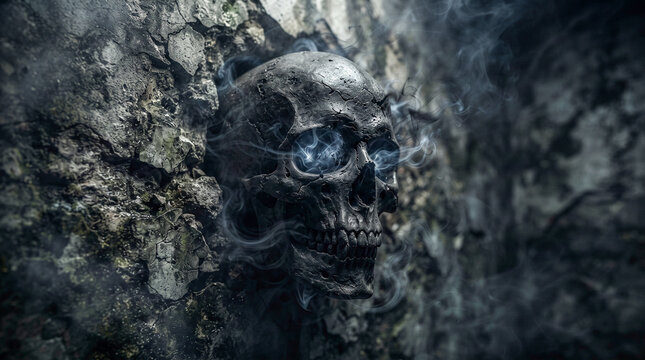 Calavera negra hiperrealista sobre textura grunge, rodeada de sombras, humo y energ&iacute;a m&iacute;stica, con una atm&oacute;sfera oscura, sobrenatural y terror&iacute;fica de Halloween.