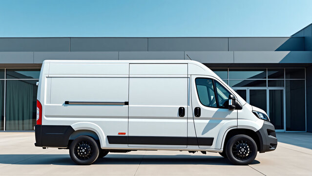 Electric Van in Front of Warehouse for Logistics and Clean Mobility