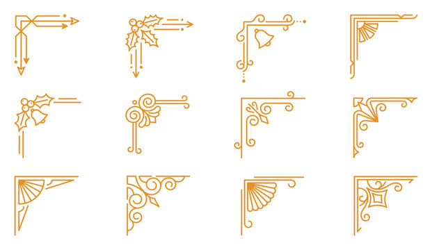 Minimalist art deco corner borders with geometric patterns and holiday bell design accents.