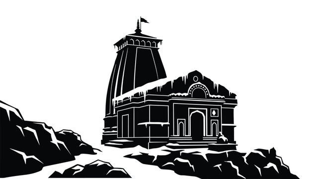 Kedarnath Temple silhouette on snow-capped mountain peak during a serene dawn with a clear sky