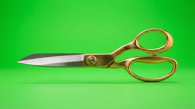 A pair of sharp golden metal scissors isolated on a vibrant green background