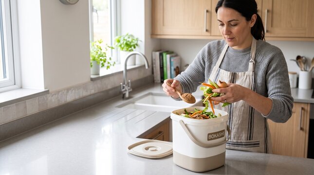 Woman adding vegetable scraps and bokashi bran to a kitchen compost bin for sustainable waste management