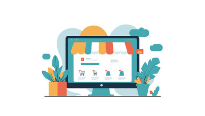 Fototapeta premium Online shopping concept with computer display showing storefront and e-commerce website design.