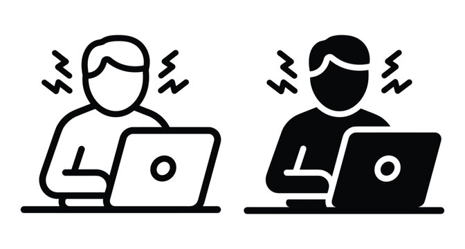 Stressed office worker icon set showing man with headache using laptop computer at desk representing burnout frustration and mental pressure