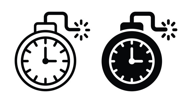 Time bomb icon set with clock face and burning fuse showing deadline pressure urgency danger risk and countdown timer symbols