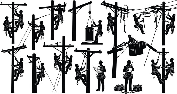 Electric Utility Workers Repairing Power Lines and Poles for Electrical Infrastructure Maintenance