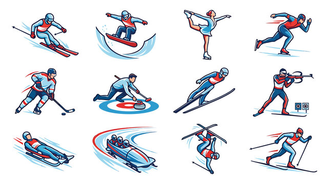 Winter sports vector icons set, athletic winter games characters in blue and red, 12 professional winter competition illustrations