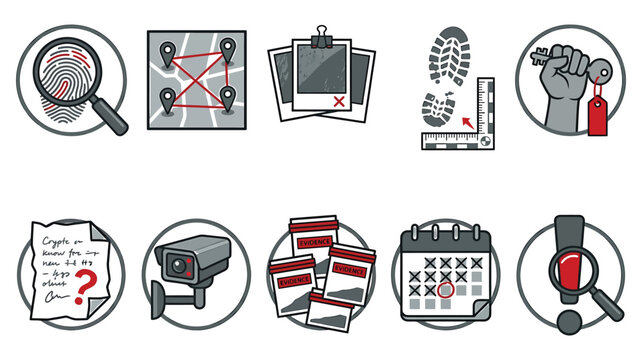 Criminology and forensic investigation icons, 10 detective evidence vector elements, police crime scene analysis symbols set