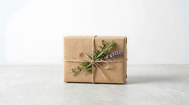 A beautifully wrapped present for herb themed presents with rustic brown paper and fresh lavender and rosemary on top