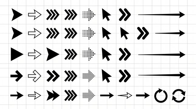 Modern black arrow and cursor icon collection on a grid background
