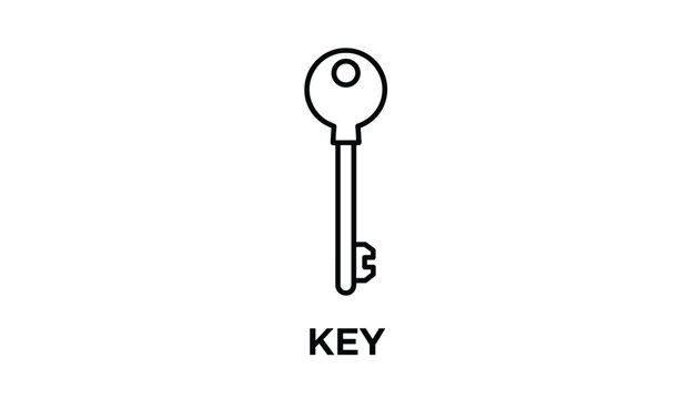 Classic key line drawing icon representing security, house access, solutions, and successful locking on white background.