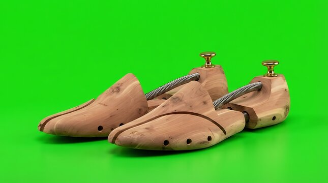 Pair of wooden shoe trees with metal springs on a bright green background