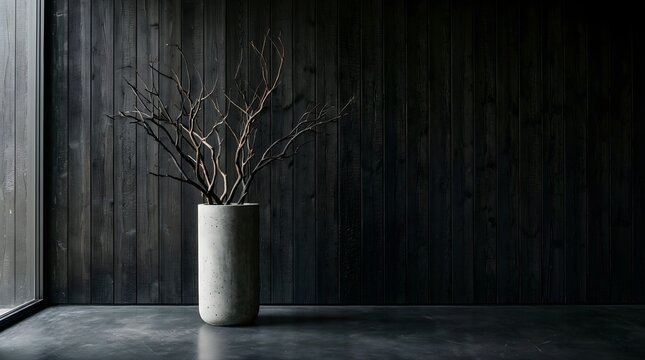 Minimalist dried branches in a concrete vase against a black wood wall
