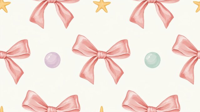 Seamless pattern with pink bows and starfish