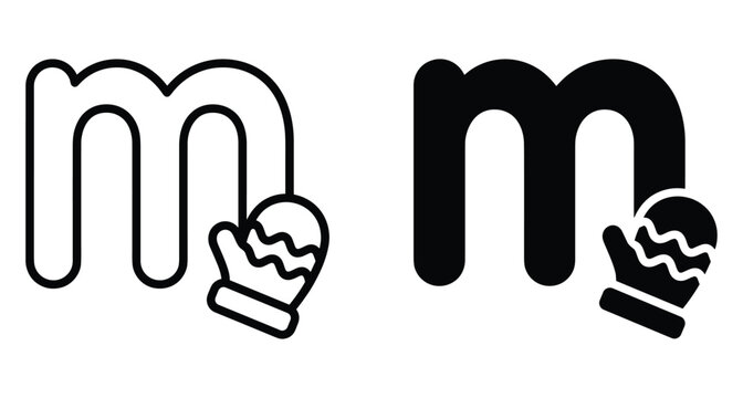 lowercase letter m with winter mitten icon in outline and solid black styles for alphabet learning and seasonal design projects