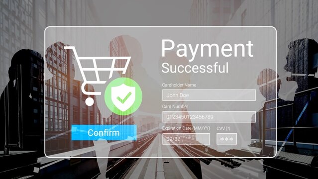 Successful Payment Confirmation Screen with Shopping Cart Icon and Business Silhouettes Over Urban Background and Secure Transaction Elements Gluon.