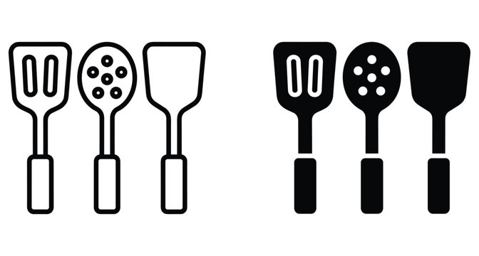 Kitchen utensil icons set featuring spatula slotted spoon and turner in outline and solid black styles for cooking and culinary design