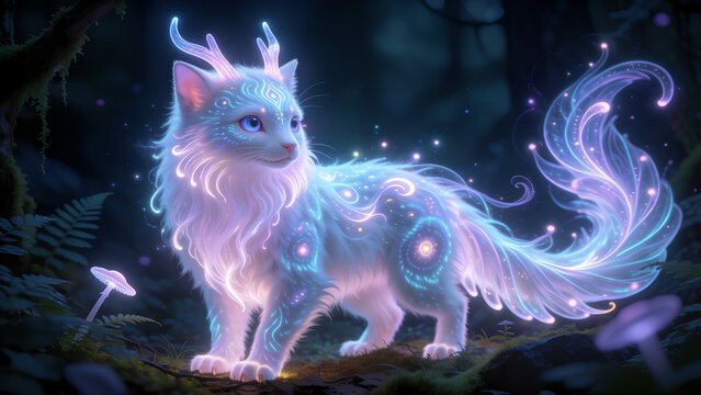 A mystical white cat with glowing antlers and ethereal markings in a magical forest.