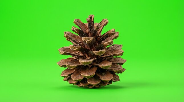 A single brown textured pine cone isolated against a solid green background