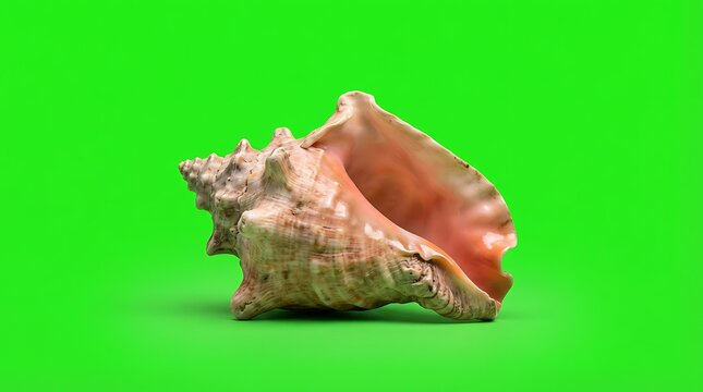 A single textured conch shell isolated against a bright green background