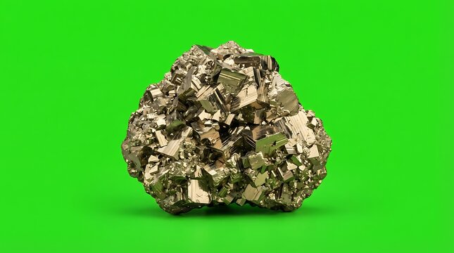 A sparkling cluster of golden pyrite crystals against a vivid green background
