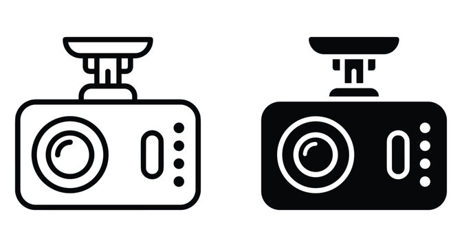 Dashcam icon set for car security and vehicle monitoring featuring digital video recorder equipment in outline and solid black styles