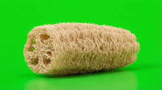 Natural loofah sponge isolated on a vibrant green background for skincare