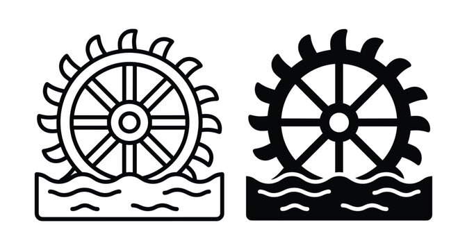Water wheel icon set showing outline and solid versions of a traditional mill wheel generating renewable energy from river waves